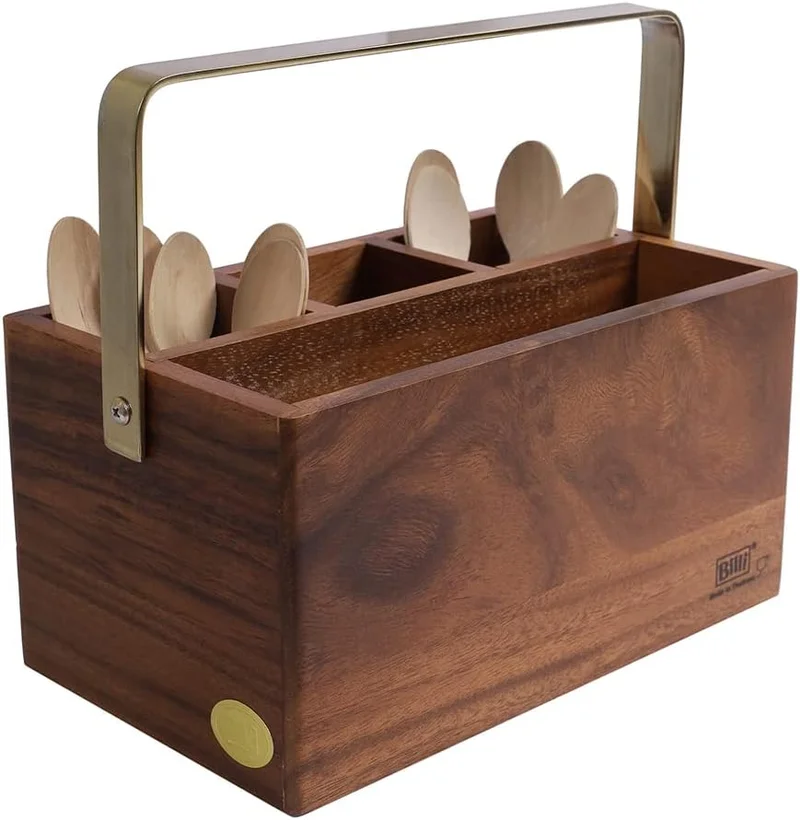 بيلي حامل أدوات مائدة خشبي بمقبض ذهبي بني قياسي